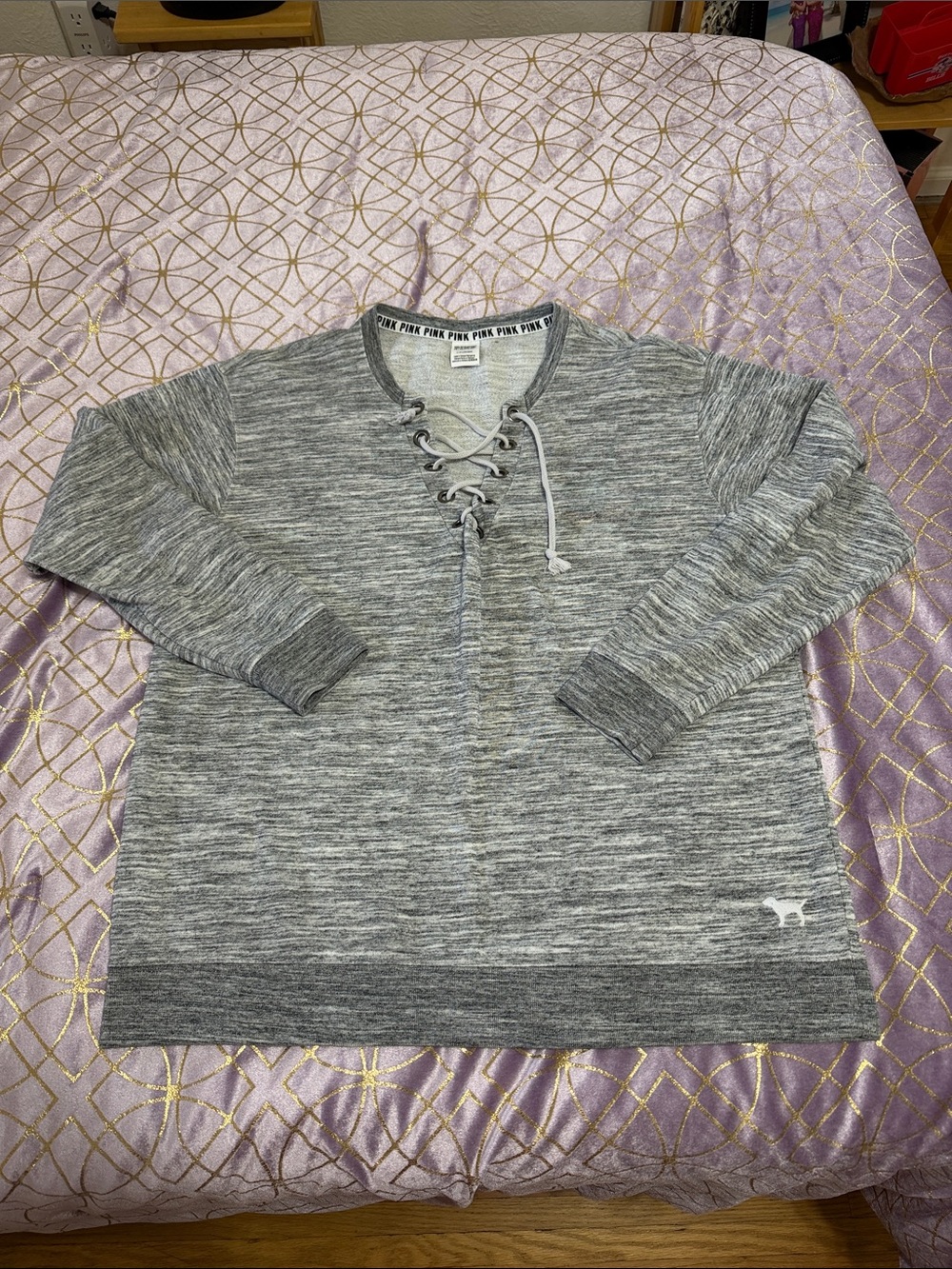 PINK Victoria's Secret Gray Lace-Up V-Neck Womans Sweatshirt